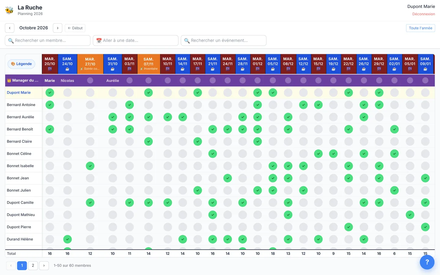 Le planning sur ordinateur : une trentaine de dates en colonnes, managers du soir en violet, totaux par date.